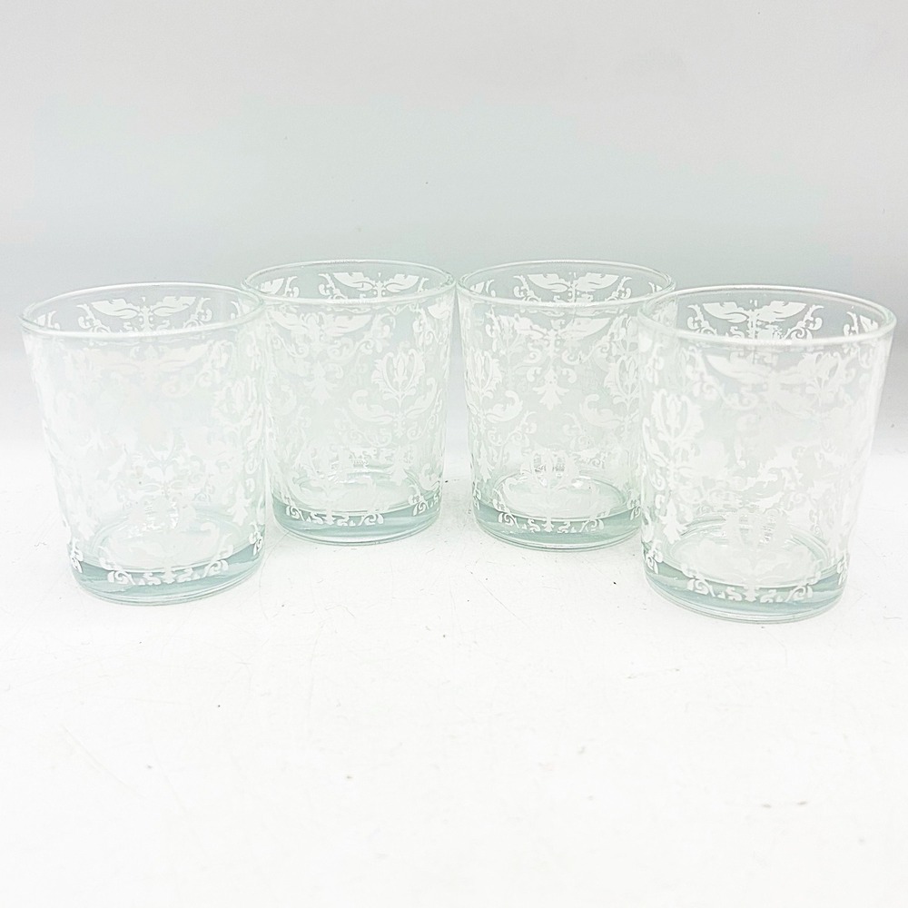 Set of 4 Clear White Damask Pattern Votive Holders